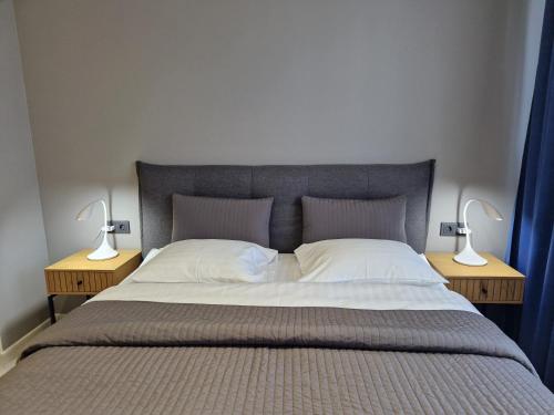 a bedroom with a bed with two lamps on tables at VIN service Atbrivosanas alley 119 in Rēzekne