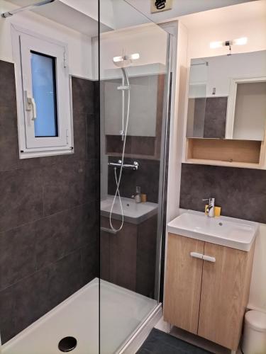 une salle de bain avec douche et lavabo dans l'établissement Studio Sardinerie, à La Rochelle