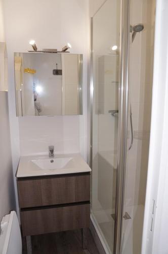 une salle de bain avec un lavabo et une douche dans l'établissement Verseau Flaine Forêt, à Arâches-la-Frasse