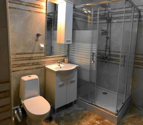 a bathroom with a shower and a toilet and a sink at Modern Seaview Apartment with a Pool in Dobra Voda