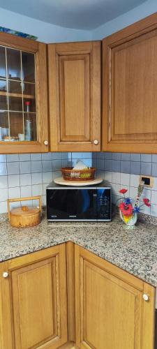 a kitchen with a black microwave on a counter at La Casetta Valdonica La Spezia in Calice al Cornoviglio