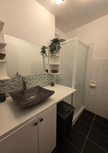 - une cuisine avec un comptoir, un évier et un miroir dans l'établissement Appartement climatisé 4 personnes, à Sisteron