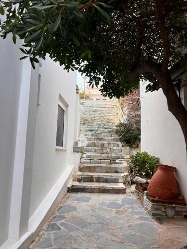 a stairway leading up to a building with a tree at Sufiko Studios - Drosia in Armenistis