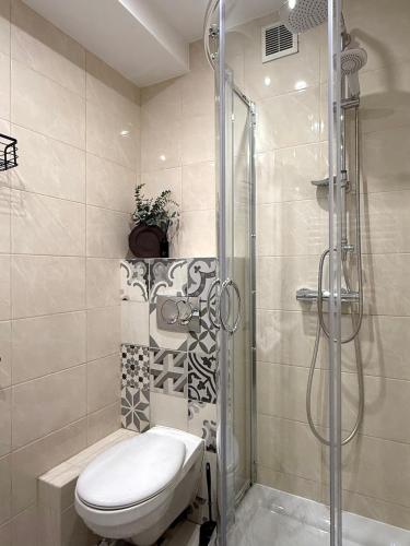 a bathroom with a shower and a toilet in it at Szewska, HARLEM APART in Wrocław