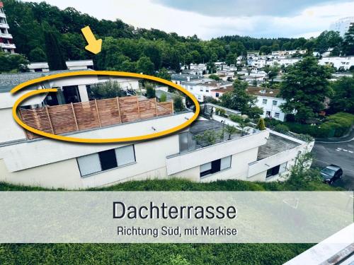 a picture of a building with a circle on top of it at PENTHOUSE - 3 Schlafzimmer- sonnige Dachterrasse -Whirlpool & Alpenblick - Perfekt für Romantik oder Familienurlaub mit Kind, Hund willkommen - by FerienWohnenAmSee - in Überlingen