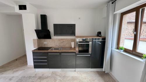 a kitchen with a sink and a stove at Design Apartment im alten Schloss Deidesheim in Deidesheim