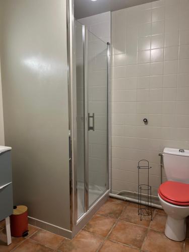 a bathroom with a shower and a toilet with a red seat at Les Gites de l'Herperie in Blicourt
