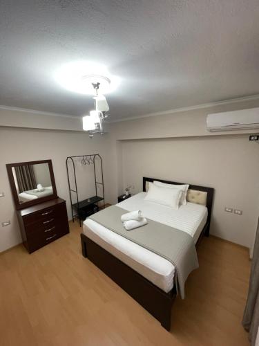 a bedroom with a large bed and a mirror at Cozy City Studio in Gjirokastër