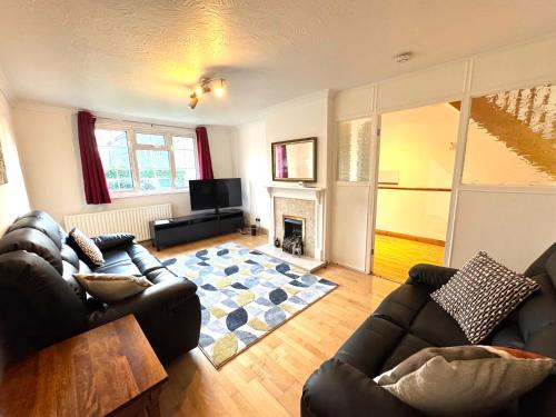 a living room with two couches and a fireplace at IcandoWorld Reading House in Earley
