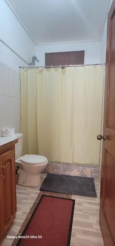 a bathroom with a shower with a toilet and a sink at Stephen Guest House in Mahaut