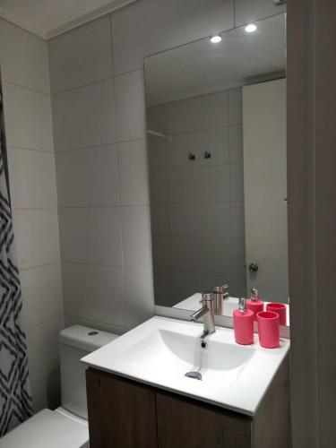 a bathroom with a sink and a mirror and a toilet at Cómodo departamento en el centro de Temuco in Temuco