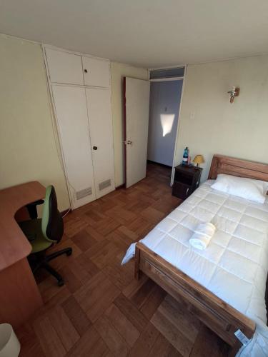 a bedroom with a bed and a desk and a chair at Habitación en el centro de concepción in Concepción