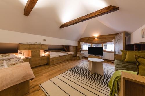 a large room with a bed and a tv at Luxury Chalet Mallnitz in Mallnitz
