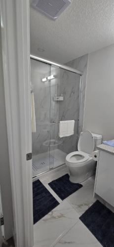a bathroom with a toilet and a glass shower at Cozzy Cityscape & Airport Retreat in Calgary