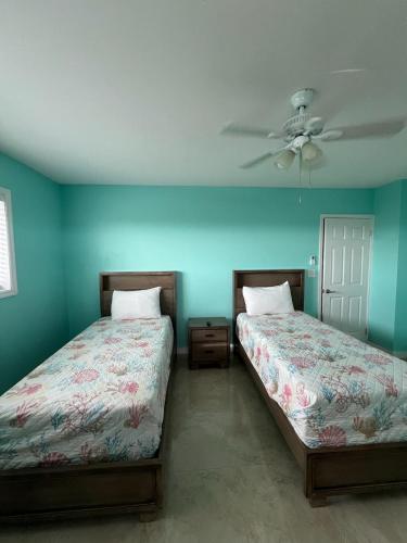 two beds in a room with blue walls at Anna's Hidden Gem Waterfront in Farmerʼs Hill