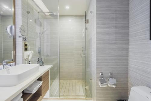 a bathroom with a shower and a sink and a toilet at 济宁银座佳悦精选酒店 in Jining