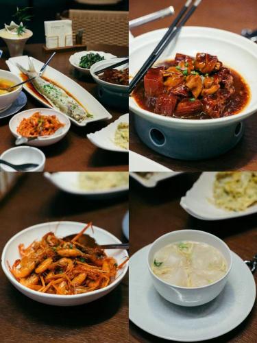 a collage of different plates of food on a table at Jiangnan House Yangcheng Lake Kunshan in Kunshan
