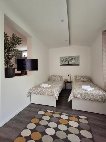 a room with two beds and a rug at Apartmani Alma in Pula