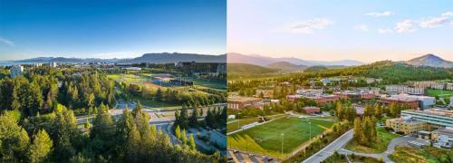 two images of a city and a town with mountains at UBC Pacific Spirit Modern Style Home in Vancouver