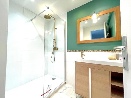 une salle de bain avec une douche, un lavabo et un miroir dans l'établissement Le Coeur de Golfe Juan - aircon - 9 min to sea, à Vallauris