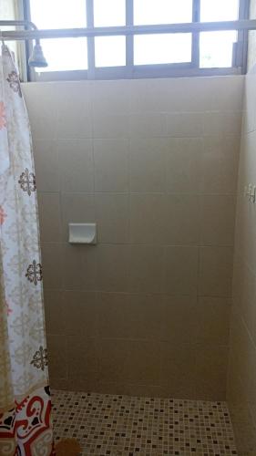 a shower stall with a window and a shower curtain at Departamento Tapatío in Guadalajara