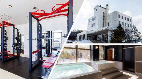 a gym with a hot tub in front of a building at Tabist Kitami Athlete Stays in Kitami