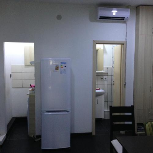 a kitchen with a white refrigerator in a room at Apartment Ekaterininskaya 5 in Simferopol