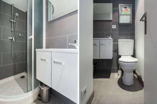 une salle de bain avec toilettes, lavabo et douche dans l'établissement Appartement avec jardin, à Cannes