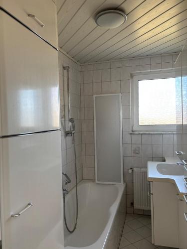 a bathroom with a shower and a tub and a sink at Ferienwohnung im Heiligenberg in Langenburg