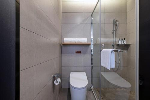 a small bathroom with a toilet and a shower at HomeInn Plus at China Intl Exhibition Center and Liufang Subway Stn in Beijing