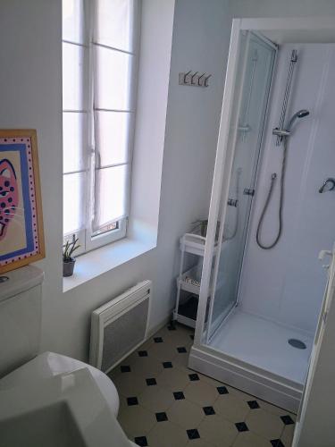 une salle de bain blanche avec douche et toilettes dans l'établissement Studio centre bourg, à Saint-Mars-de-Coutais