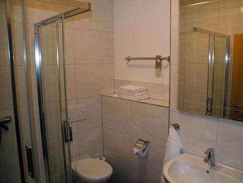 a bathroom with a shower and a toilet and a sink at Kraichgauhotel in Kraichtal