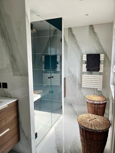 La salle de bains est pourvue d'une douche en verre et de 2 paniers. dans l'établissement Havre de paix avec jacuzzi et jardin à pied du centre-ville, à Vence