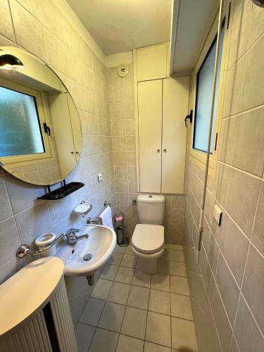 une salle de bain avec toilettes, lavabo et miroir dans l'établissement Magnificent apartment with garden on the beach, à Roquebrune-Cap-Martin