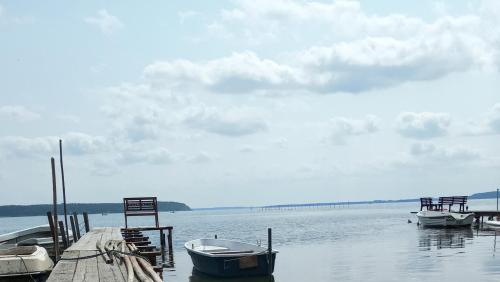 a dock with two boats on the water at Fischstübchen Neeberg Fewo 1 - Hase und Fuchs in Krummin