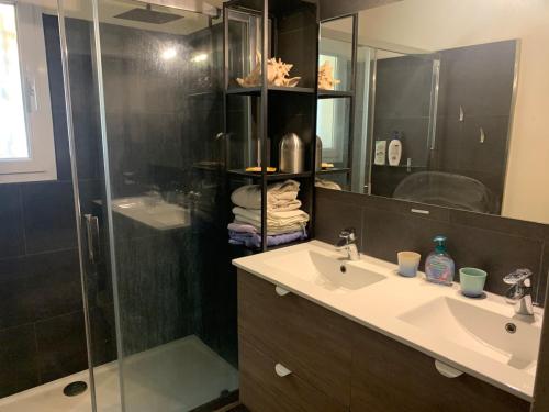 une salle de bain avec un lavabo et une douche dans l'établissement Villa Chilensis 5 min from Aix south east France with private pool, à Aix-en-Provence