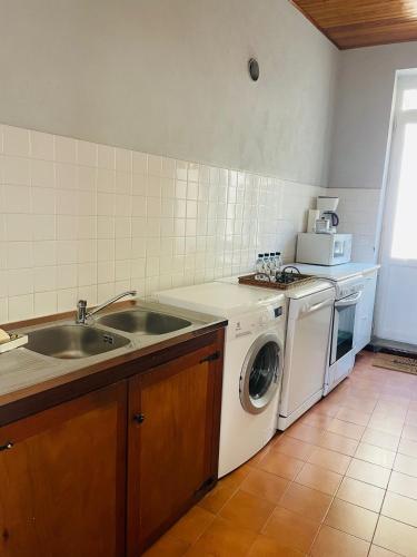 une cuisine avec un évier et une machine à laver dans l'établissement Grande Maison de village ZONZA, à Zonza