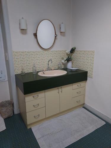 une salle de bain avec un lavabo et un miroir au mur dans l'établissement La Villa d'Armel, à Ploërmel