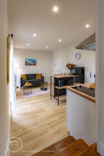 une cuisine et un salon avec un canapé et une table dans l'établissement Romantic Suite Bellevue et Parking, à Chambéry