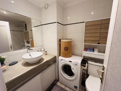 une salle de bain avec une machine à laver et un lavabo dans l'établissement Studio with a shared pool near the beaches and golf course and the Chateau de La Napoule - 2244, à Mandelieu-la-Napoule
