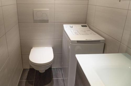 a small bathroom with a toilet and a sink at RIOs Apartments in Scharnitz