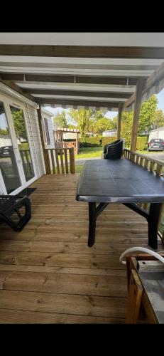 une table de pique-nique posée sur un porche grillagé dans l'établissement Mobilhome trigano au Camping Les Charmettes emplacement calme, aux Mathes