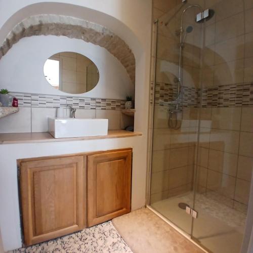 une salle de bain avec un lavabo et une douche dans l'établissement Le cottage du village, à Seigny