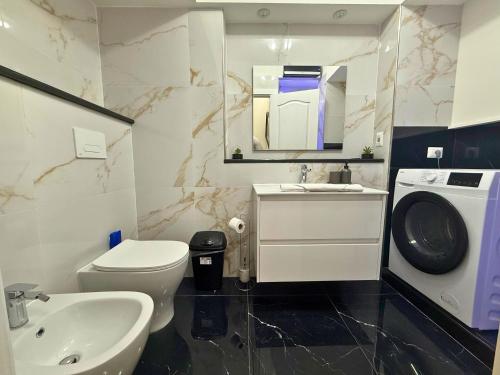 une salle de bain avec un lavabo, des toilettes et un miroir dans l'établissement 2 bedroom apartment 10min from Monaco, à Beausoleil