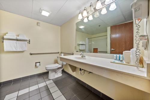 a bathroom with a sink and a toilet and a mirror at Bayshore Resort At Put-In-Bay in Put-in-Bay