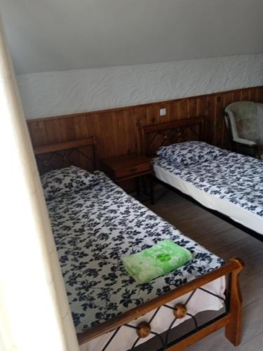 a room with two beds and a green bag on thevisor at Svečių namai Alėjos Ąžuolas in Druskininkai