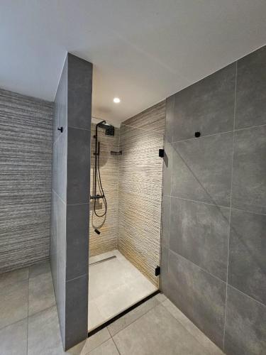 a bathroom with a shower with a glass door at L' Gante in Ghent