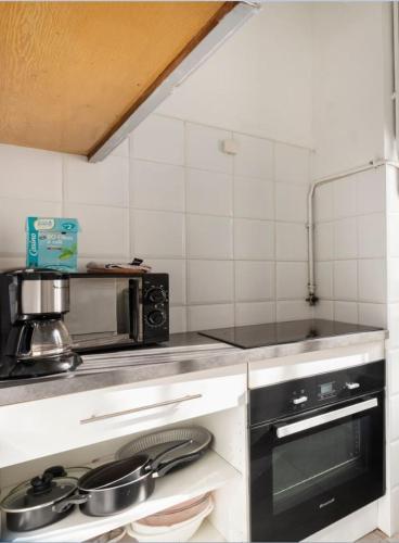 une cuisine avec une cuisinière et un micro-ondes dans l'établissement Central & Cosy, à Nice