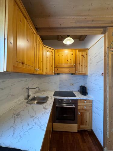 a kitchen with wooden cabinets and a sink and a stove at Apartament Doge in Sappada