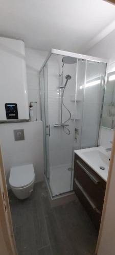 une salle de bain avec une douche, des toilettes et un lavabo dans l'établissement Studio Cosy proche Carlone, balcon, à Nice